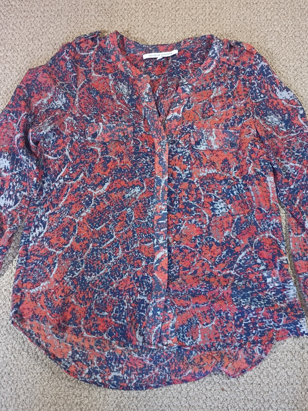 Collective Concepts Abstract Print Split-Neck Blouse in Navy and Coral